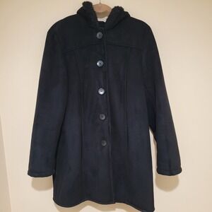 Braetan Black Faux Suede Hooded Coat with Faux Fur Trim Women's XL winter
